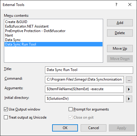 Use Visual Studio External Tools with Data Sync